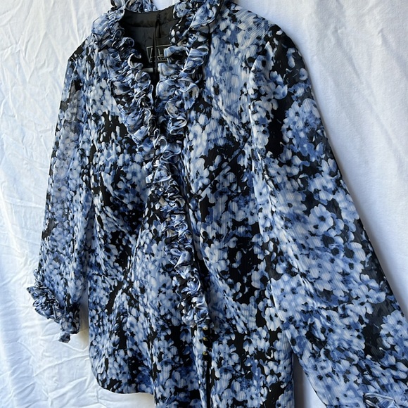 Alex Evenings •Blue/Black Floral, 3/4 Sleeve,Collared Evening Blouse SzLG - Picture 3 of 13